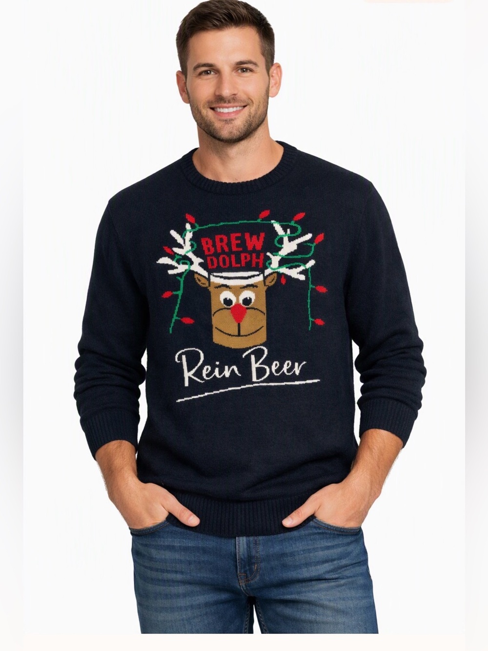Men's  'Brew Dolph' Rein Beer Graphic Ugly Christmas Holiday Sweater Charcoal M